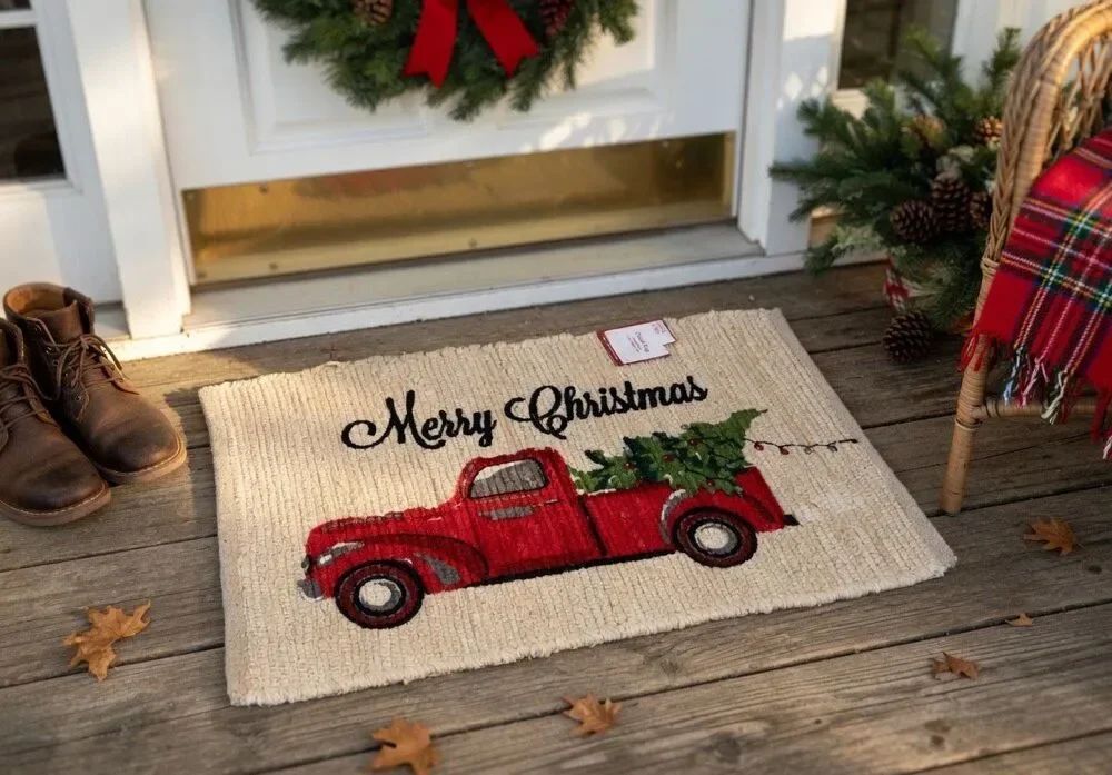 Chindi Rug Truck Red Farm Trees -MERRY CHRISTMAS- 30"X20" NWT